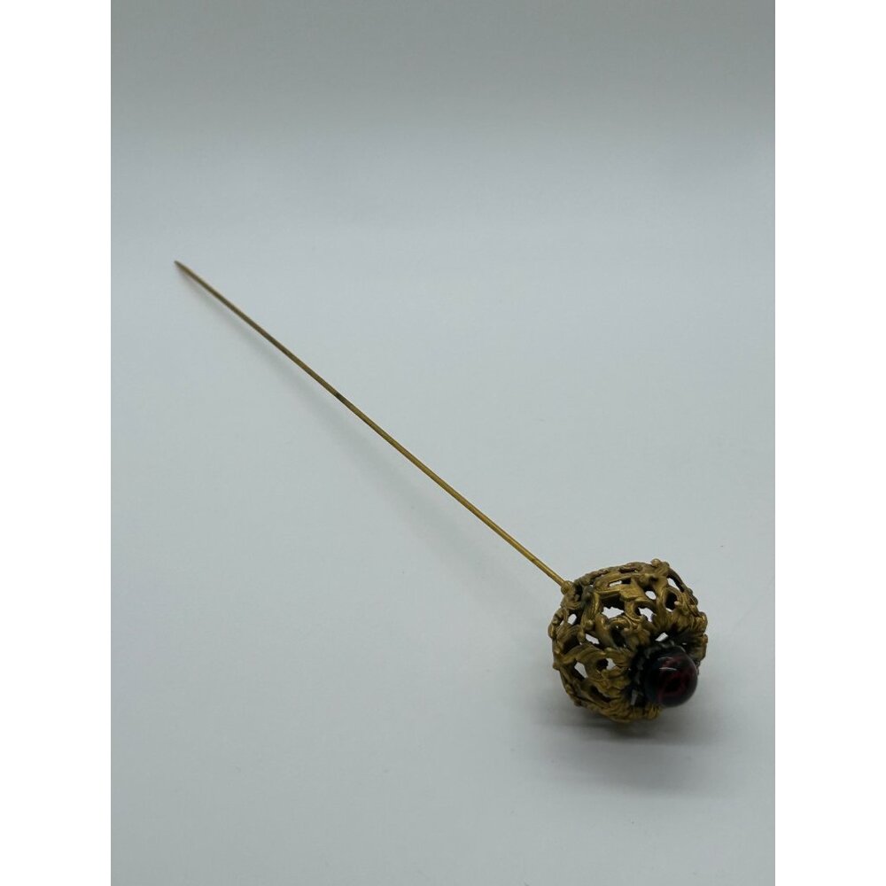 Antique Edwardian Hat Pin Gilded Brass Filigree Red Cabochon 1900s 9" READ - Picture 3 of 16